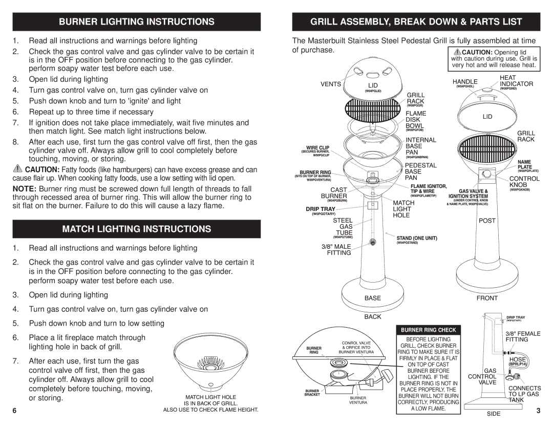 Masterbuilt SSSMPG Burner Lighting Instructions, Match Lighting Instructions, Grill ASSEMBLY, Break Down & Parts List 