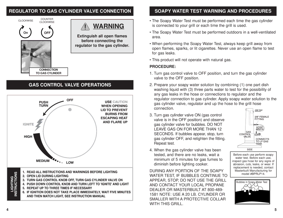 Masterbuilt SSSMPG warranty GAS Control Valve Operations, Before each use perform soapy Water test. Before each use 