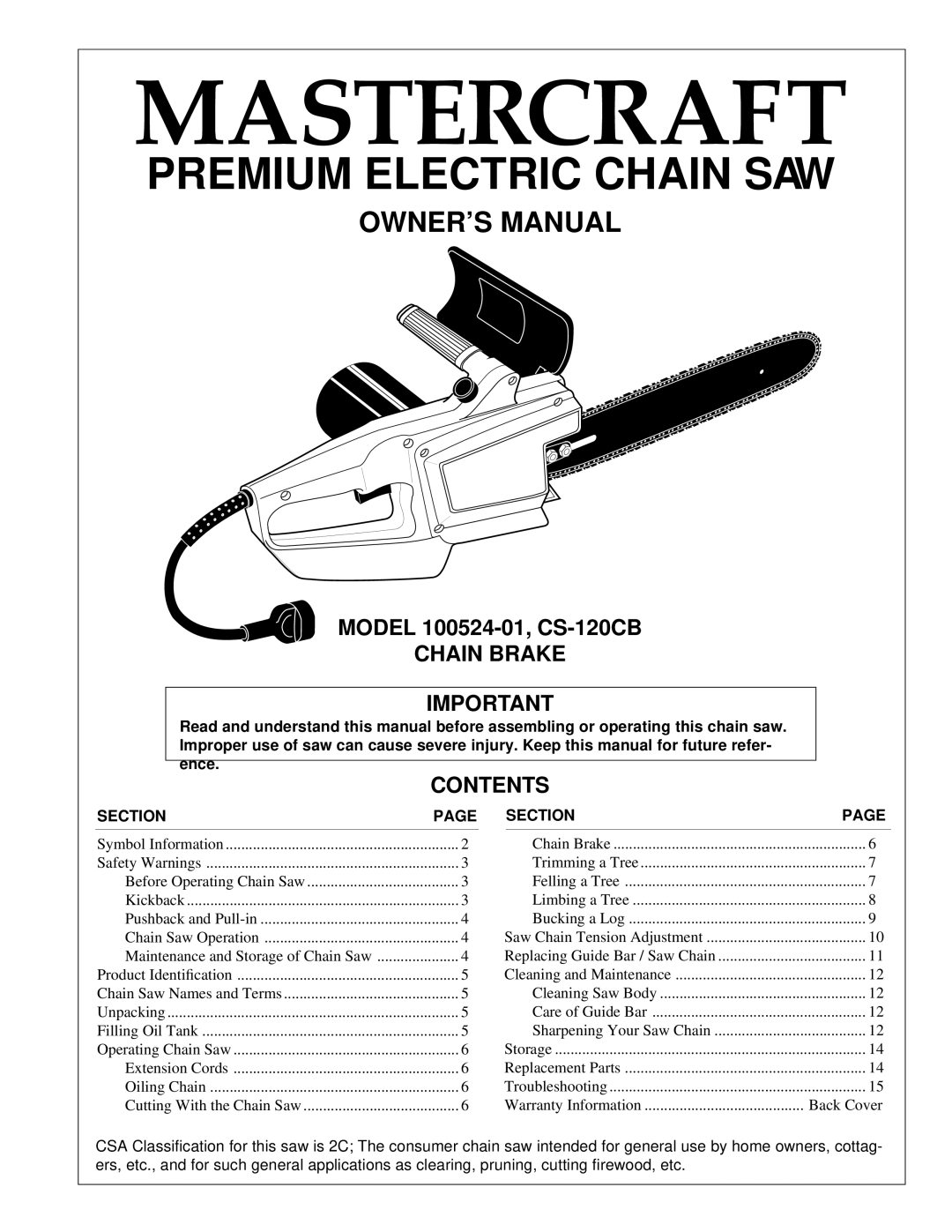 MasterCraft 100524-01, CS-120CB owner manual Chain Brake, Contents 