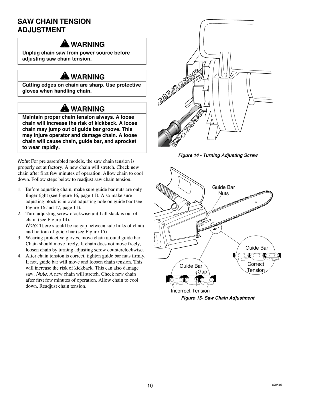 MasterCraft 100524-01, CS-120CB SAW Chain Tension Adjustment, Guide Bar Nuts Correct Tension Gap Incorrect Tension 