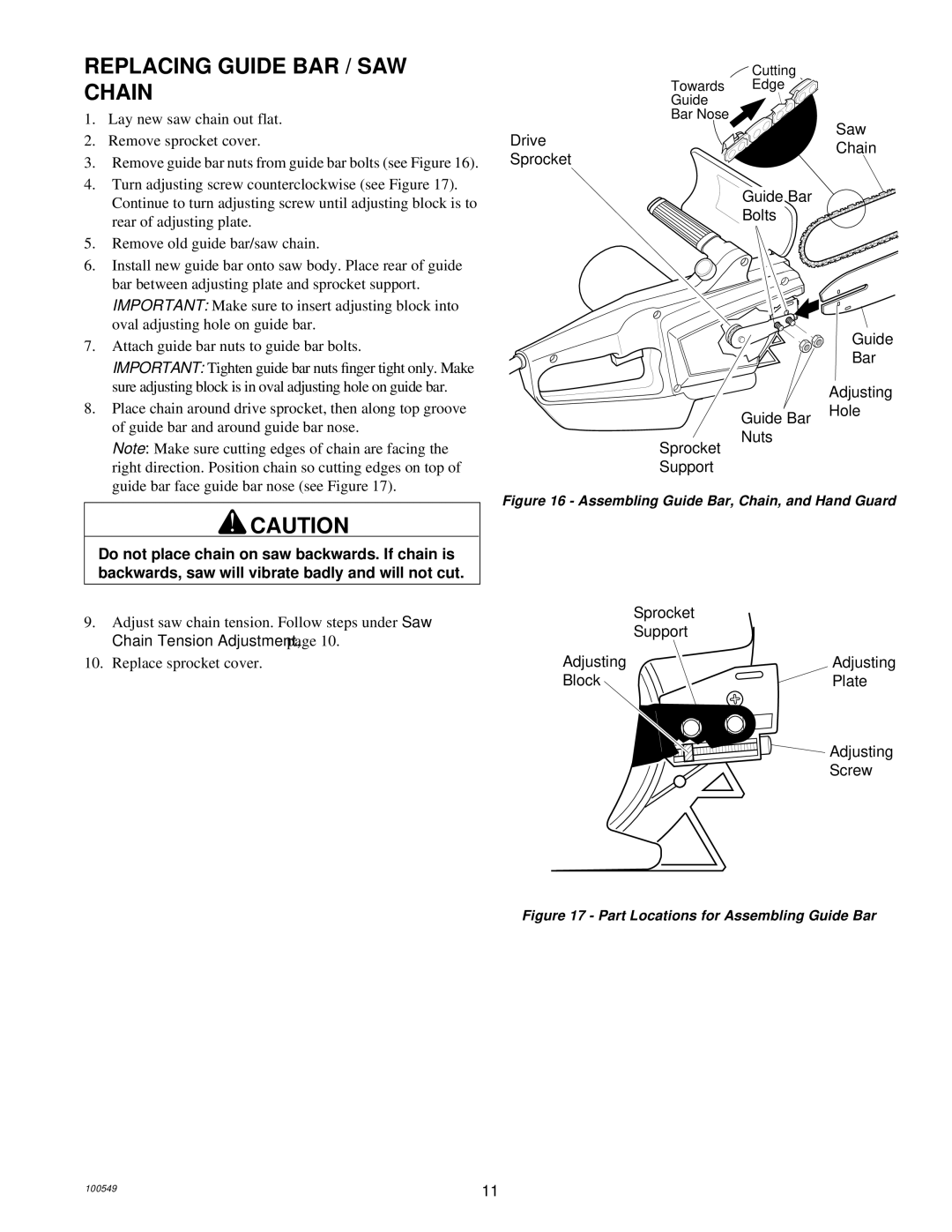 MasterCraft 100524-01, CS-120CB owner manual Replacing Guide BAR / SAW Chain, Saw Drive Chain Sprocket Guide Bar Bolts 