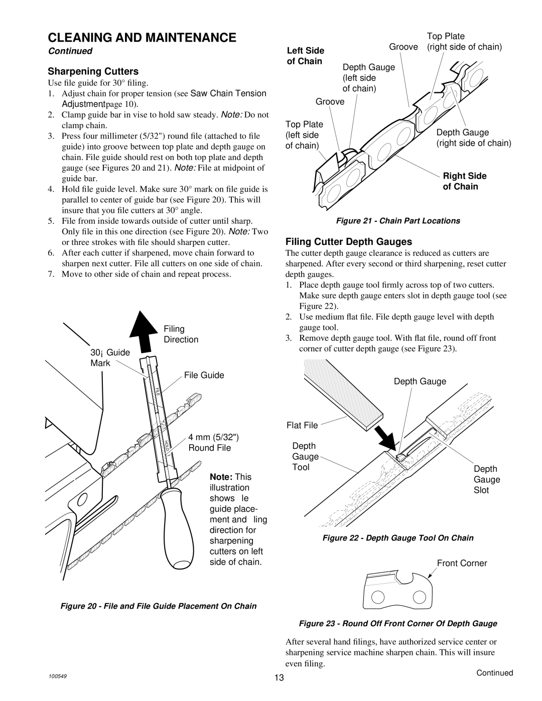 MasterCraft 100524-01, CS-120CB owner manual Sharpening Cutters, Filing Cutter Depth Gauges 