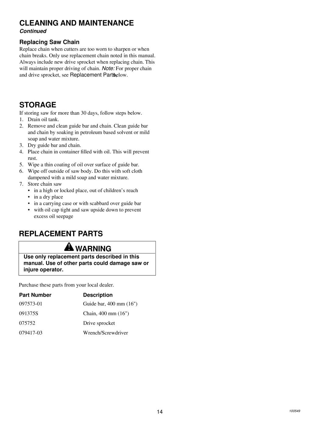 MasterCraft 100524-01, CS-120CB owner manual Storage, Replacement Parts, Replacing Saw Chain 