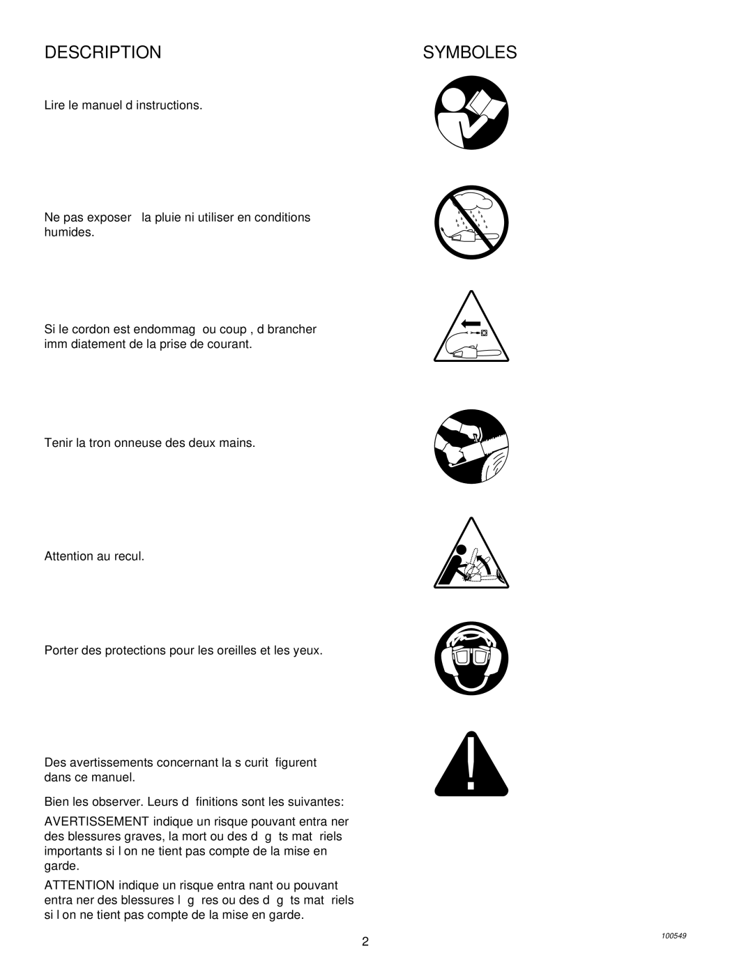 MasterCraft 100524-01, CS-120CB owner manual Description, Symboles 