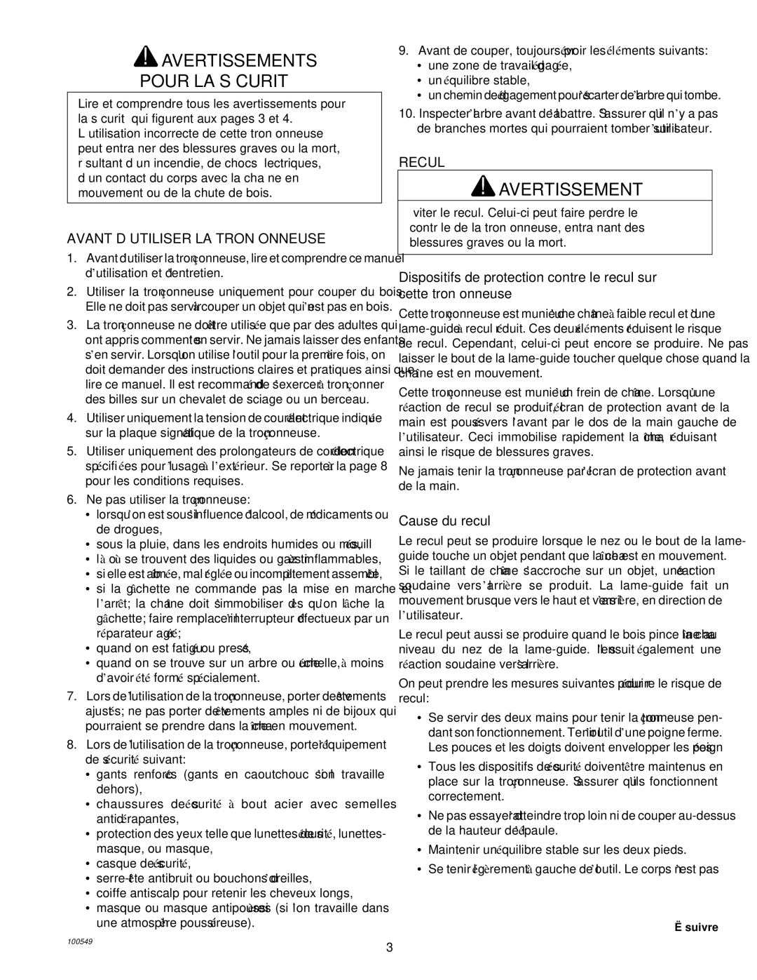 MasterCraft 100524-01, CS-120CB owner manual Avertissement, Avant D’UTILISER LA Tronçonneuse, Recul, Cause du recul 