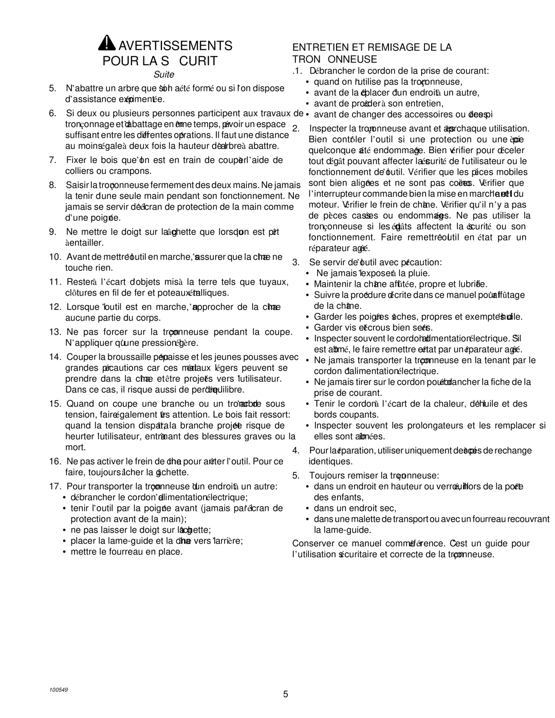 MasterCraft 100524-01, CS-120CB owner manual Entretien ET Remisage DE LA Tronç Onneuse 