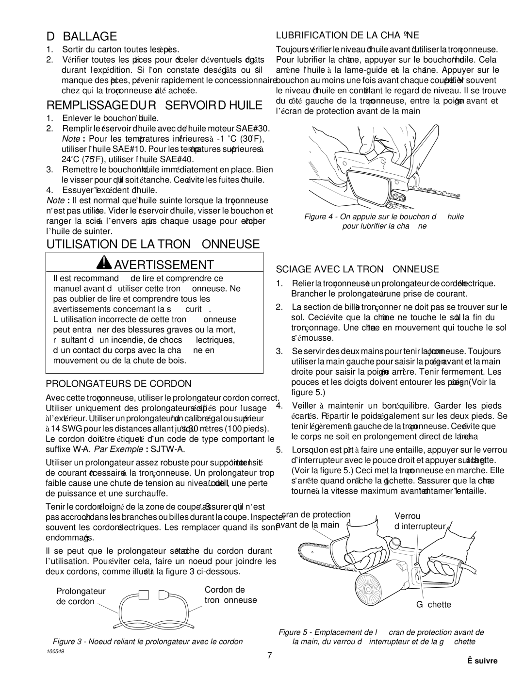 MasterCraft 100524-01, CS-120CB DÉ Ballage, Remplissageduré SERVOIRD’HUILE, Utilisation DE LA Tronç Onneuse Avertissement 