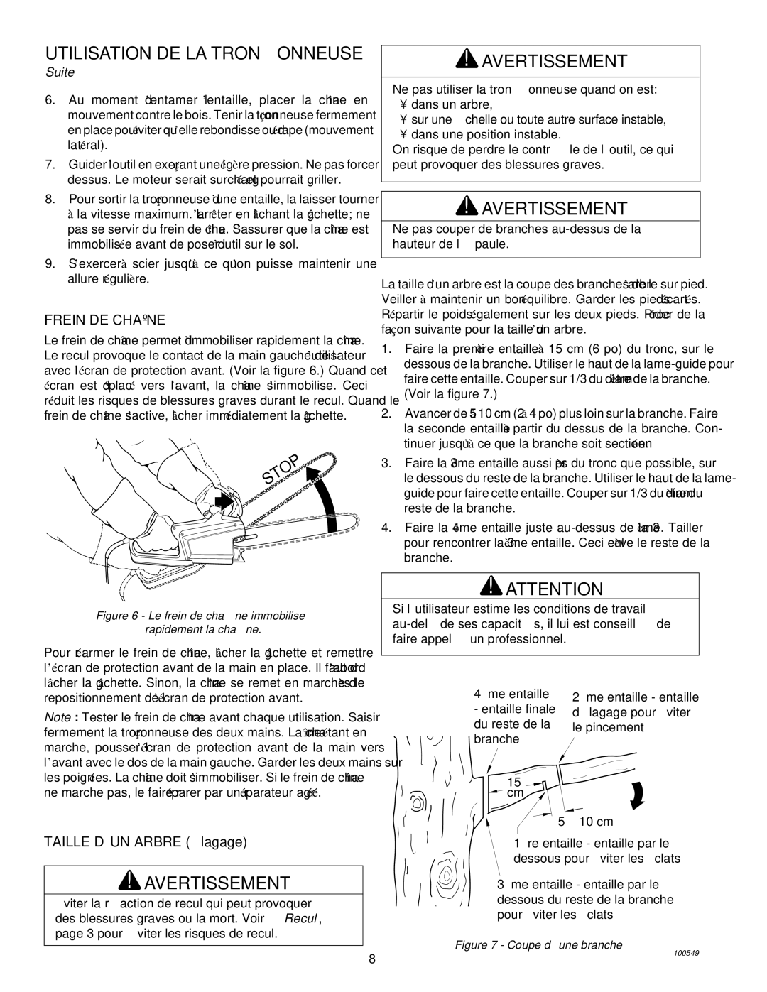 MasterCraft 100524-01, CS-120CB owner manual Utilisation DE LA Tronç Onneuse, Frein DE Chaîne, Taille D’UN Arbre É lagage 