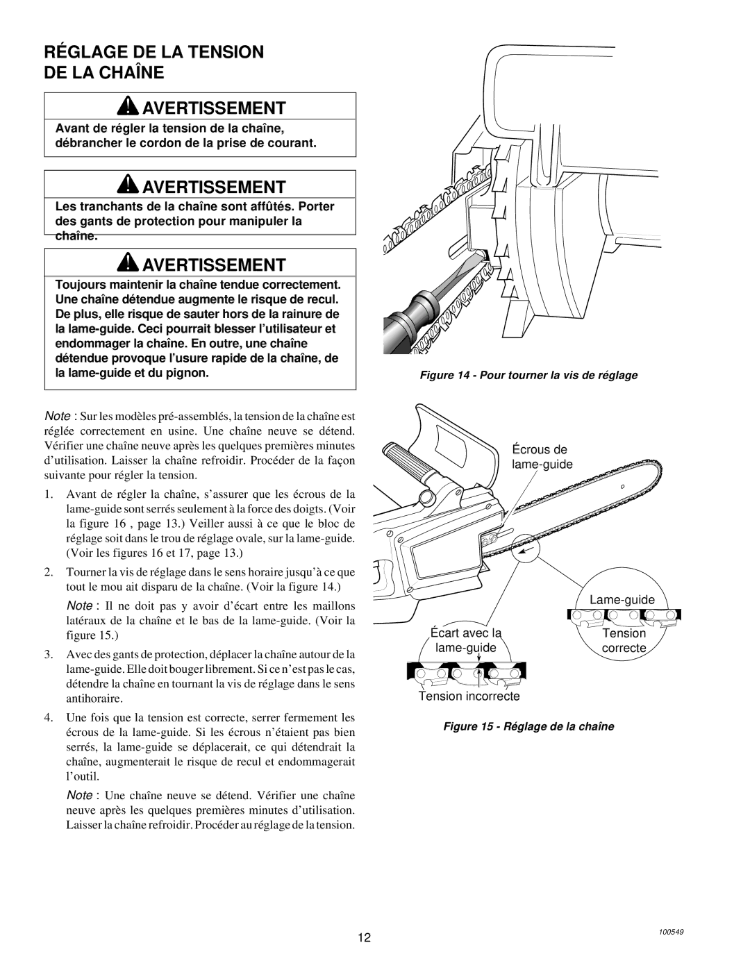 MasterCraft 100524-01, CS-120CB RÉ Glage DE LA Tension DE LA Chaîne Avertissement, Crous de lame-guide Lame-guide 