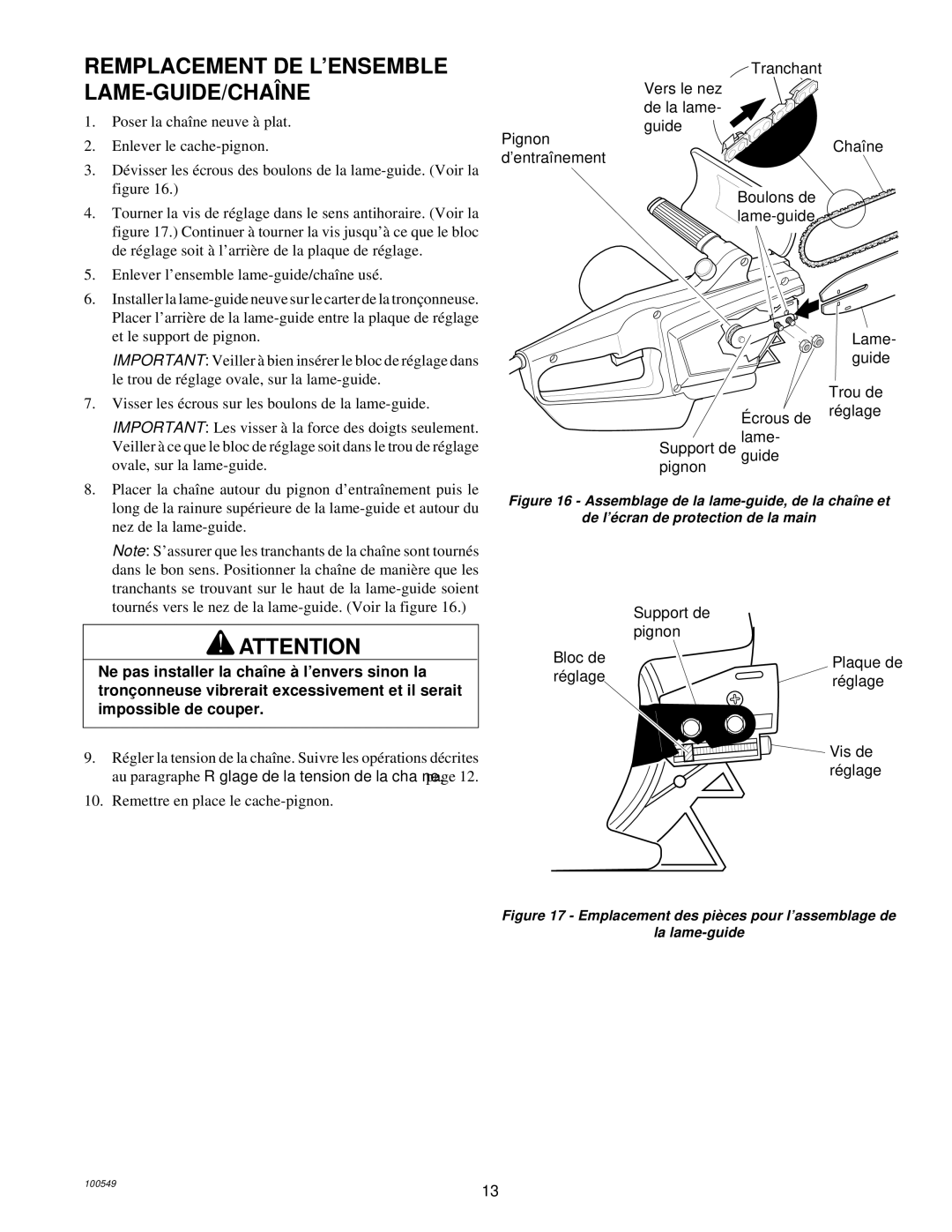 MasterCraft 100524-01, CS-120CB owner manual Remplacement DE L’ENSEMBLE LAME-GUIDE/CHAÎNE 