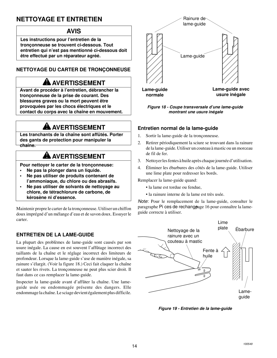 MasterCraft 100524-01, CS-120CB owner manual Nettoyage ET Entretien Avis, Nettoyage DU Carter DE Tronç Onneuse 