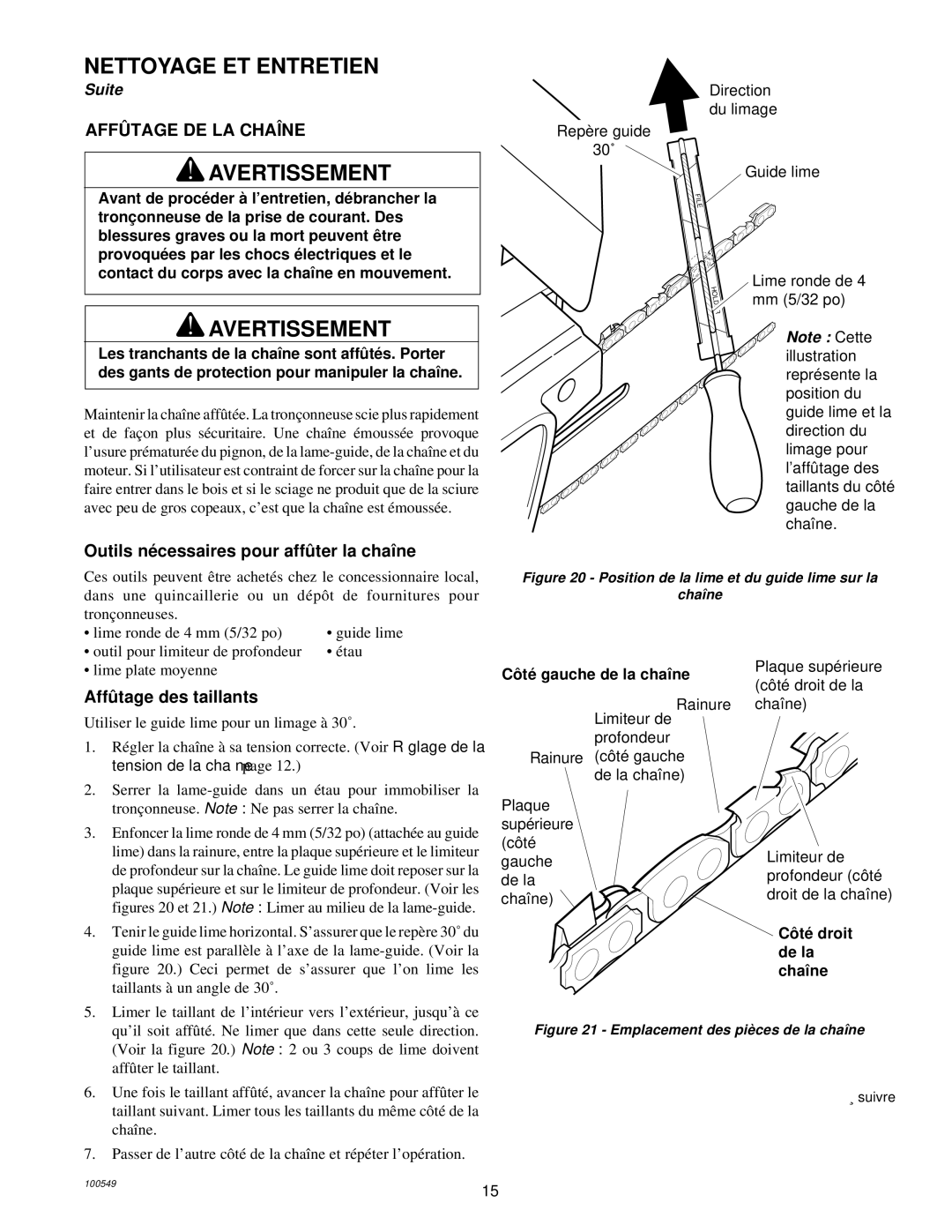 MasterCraft 100524-01, CS-120CB owner manual Nettoyage ET Entretien, Affû Tage DE LA Chaîne, Affû tage des taillants 