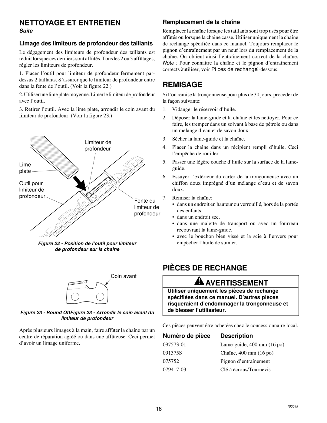 MasterCraft 100524-01, CS-120CB owner manual Remisage, PIÈ CES DE Rechange Avertissement, Remplacement de la chaîne 