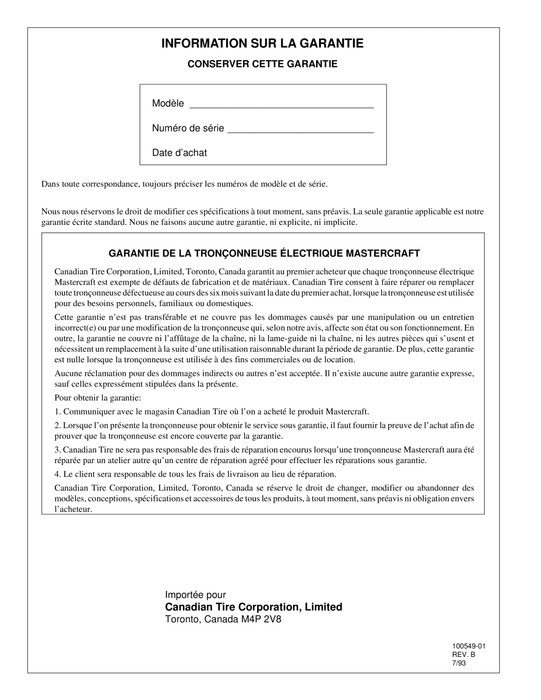 MasterCraft 100524-01, CS-120CB owner manual Information SUR LA Garantie, Conserver Cette Garantie 