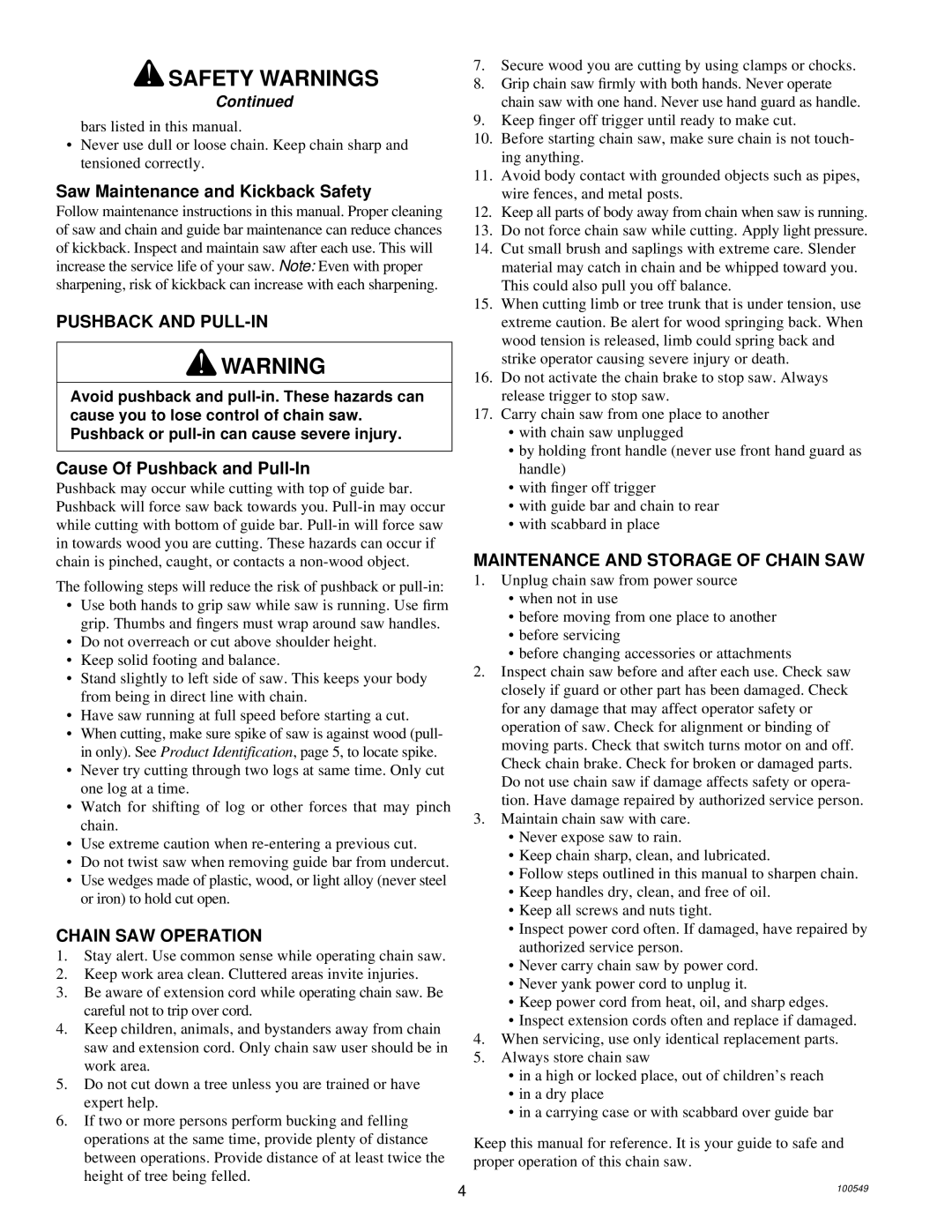 MasterCraft 100524-01, CS-120CB Saw Maintenance and Kickback Safety, Pushback and PULL-IN, Cause Of Pushback and Pull-In 