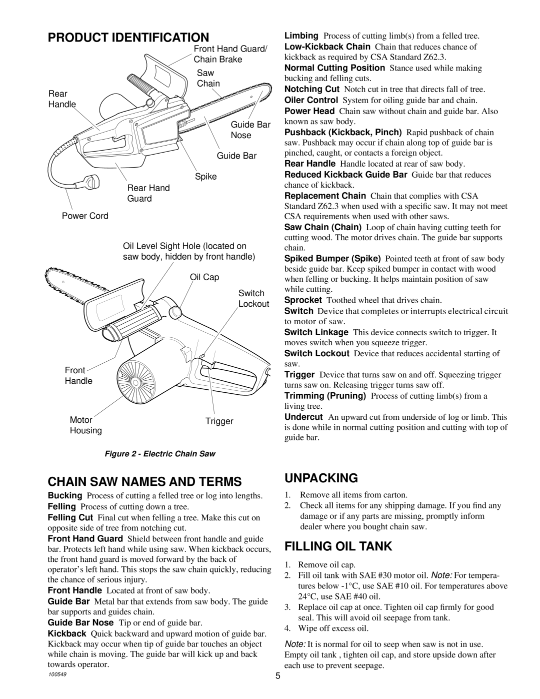 MasterCraft 100524-01, CS-120CB owner manual Product Identification, Chain SAW Names and Terms, Unpacking, Filling OIL Tank 