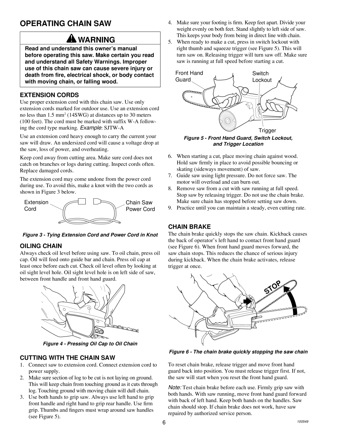 MasterCraft 100524-01, CS-120CB owner manual Operating Chain SAW, Extension Cords, Oiling Chain, Cutting with the Chain SAW 