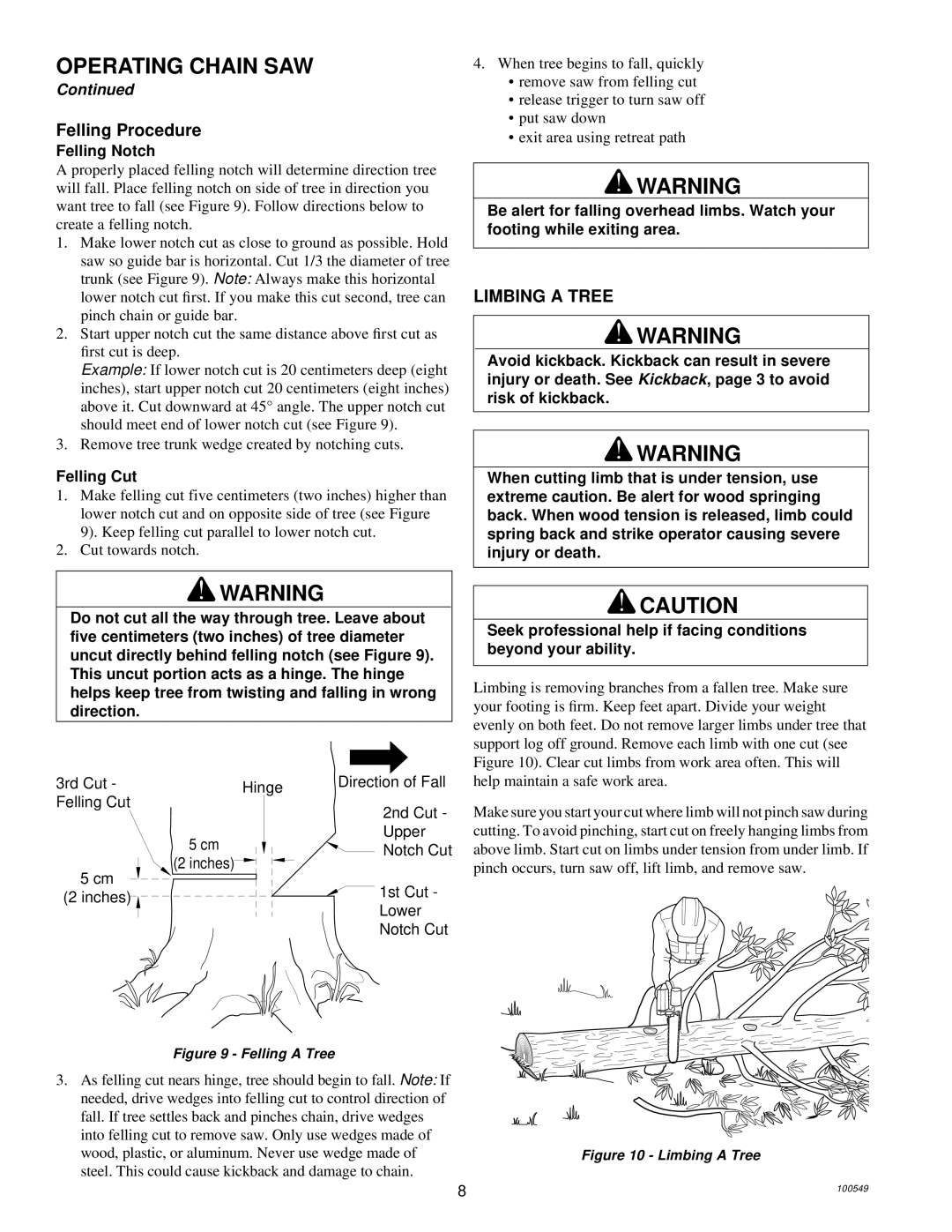 MasterCraft 100524-01, CS-120CB owner manual Felling Procedure, Limbing a Tree, 1st Cut, Inches Lower Notch Cut 