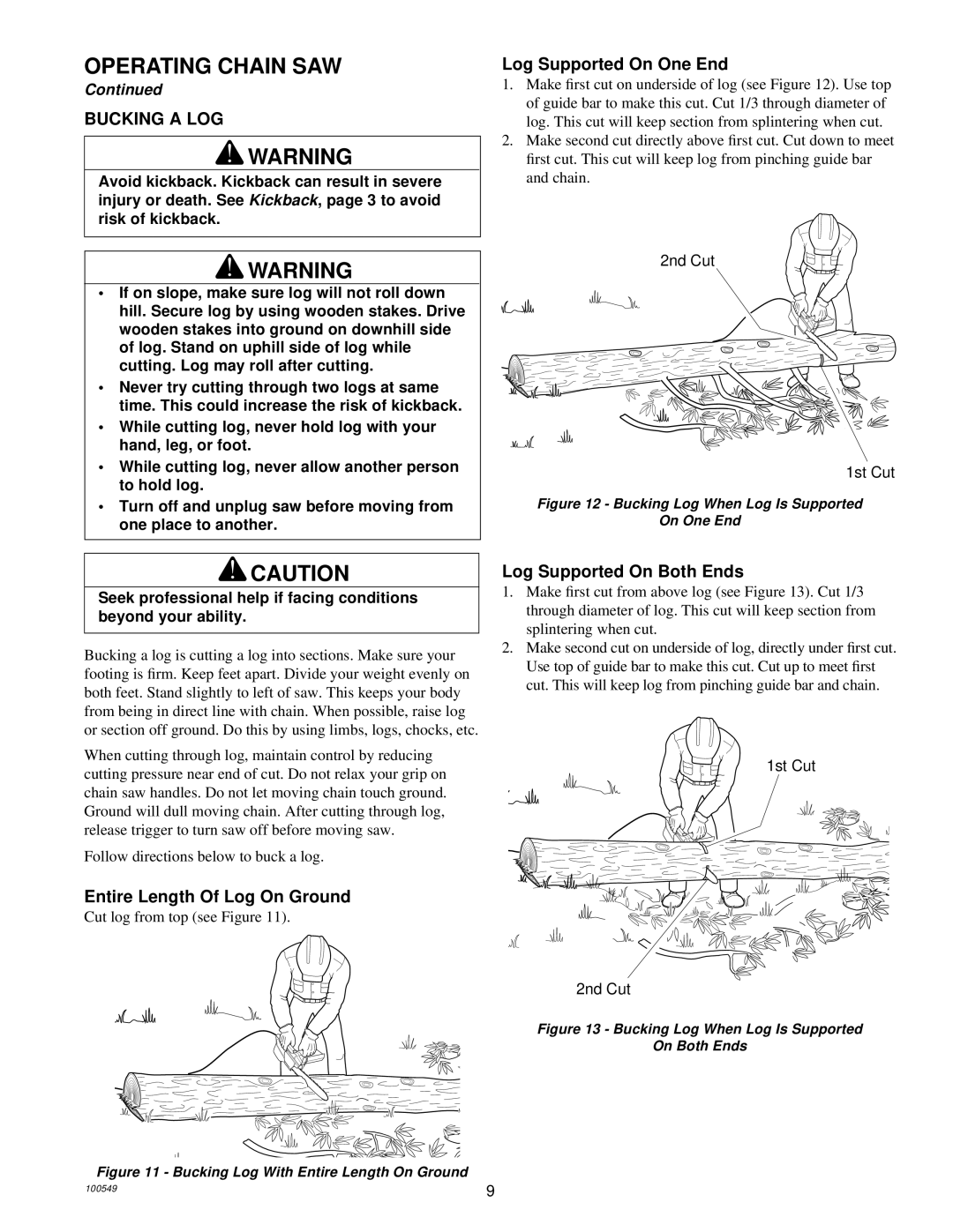 MasterCraft 100524-01, CS-120CB owner manual Bucking a LOG, Log Supported On One End, Entire Length Of Log On Ground 