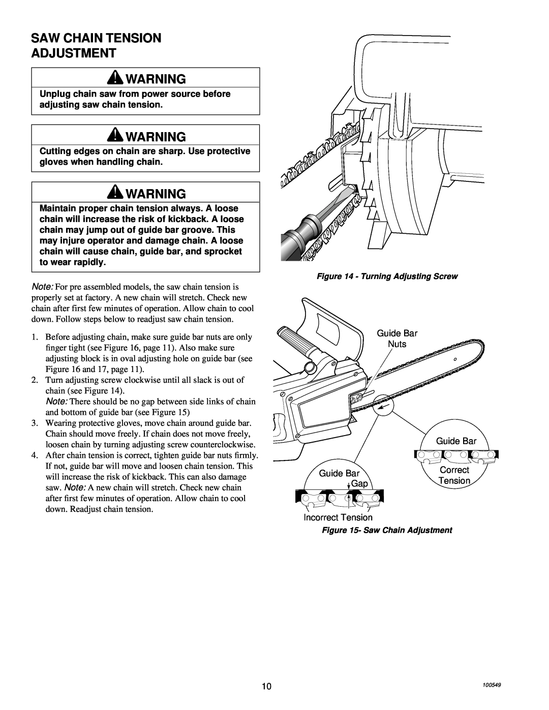 MasterCraft 100524-01, CS-120CB owner manual Saw Chain Tension Adjustment, Guide Bar Nuts, Correct, Incorrect Tension 