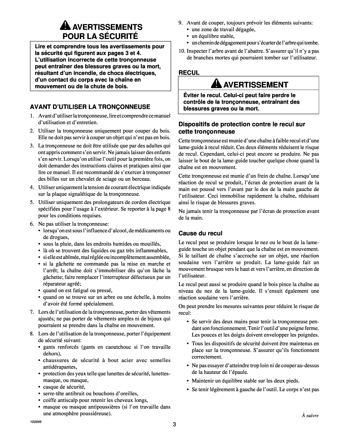 MasterCraft 100524-01, CS-120CB owner manual Avertissements Pour La Sécurité, Avant D’Utiliser La Tronçonneuse, Recul 