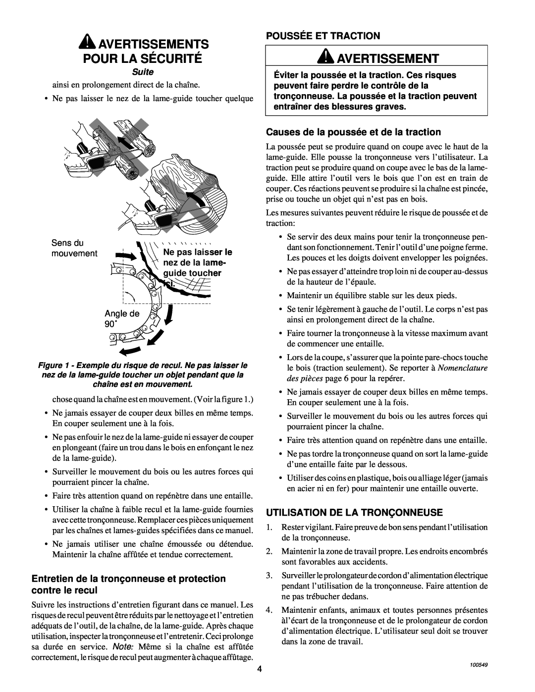 MasterCraft 100524-01, CS-120CB Avertissements Pour La Sé Curité, Poussé E Et Traction, Utilisation De La Tronç Onneuse 