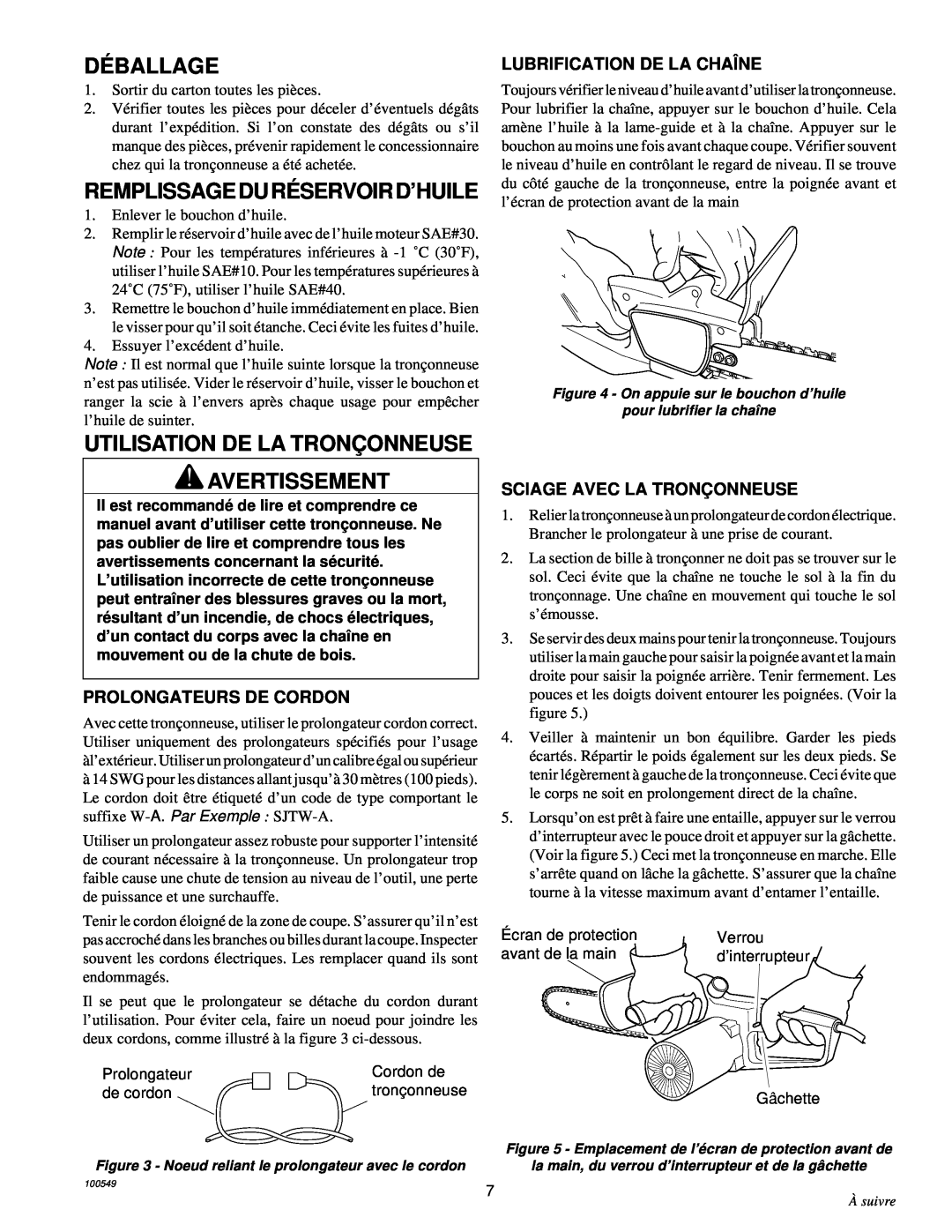 MasterCraft 100524-01, CS-120CB Dé Ballage, Remplissageduré Servoird’Huile, Utilisation De La Tronç Onneuse Avertissement 