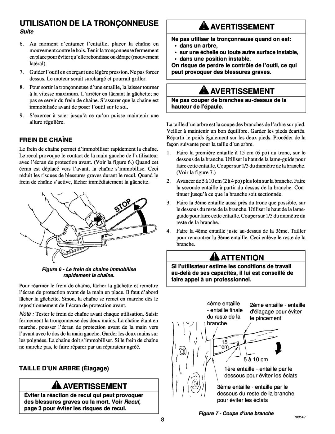 MasterCraft 100524-01, CS-120CB owner manual Utilisation De La Tronç Onneuse, Avertissement, Frein De Chaîne, Suite 