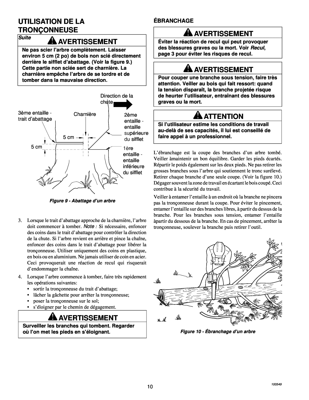 MasterCraft 100524-01, CS-120CB owner manual Utilisation De La Tronç Onneuse, Avertissement, Ébranchage, Suite 