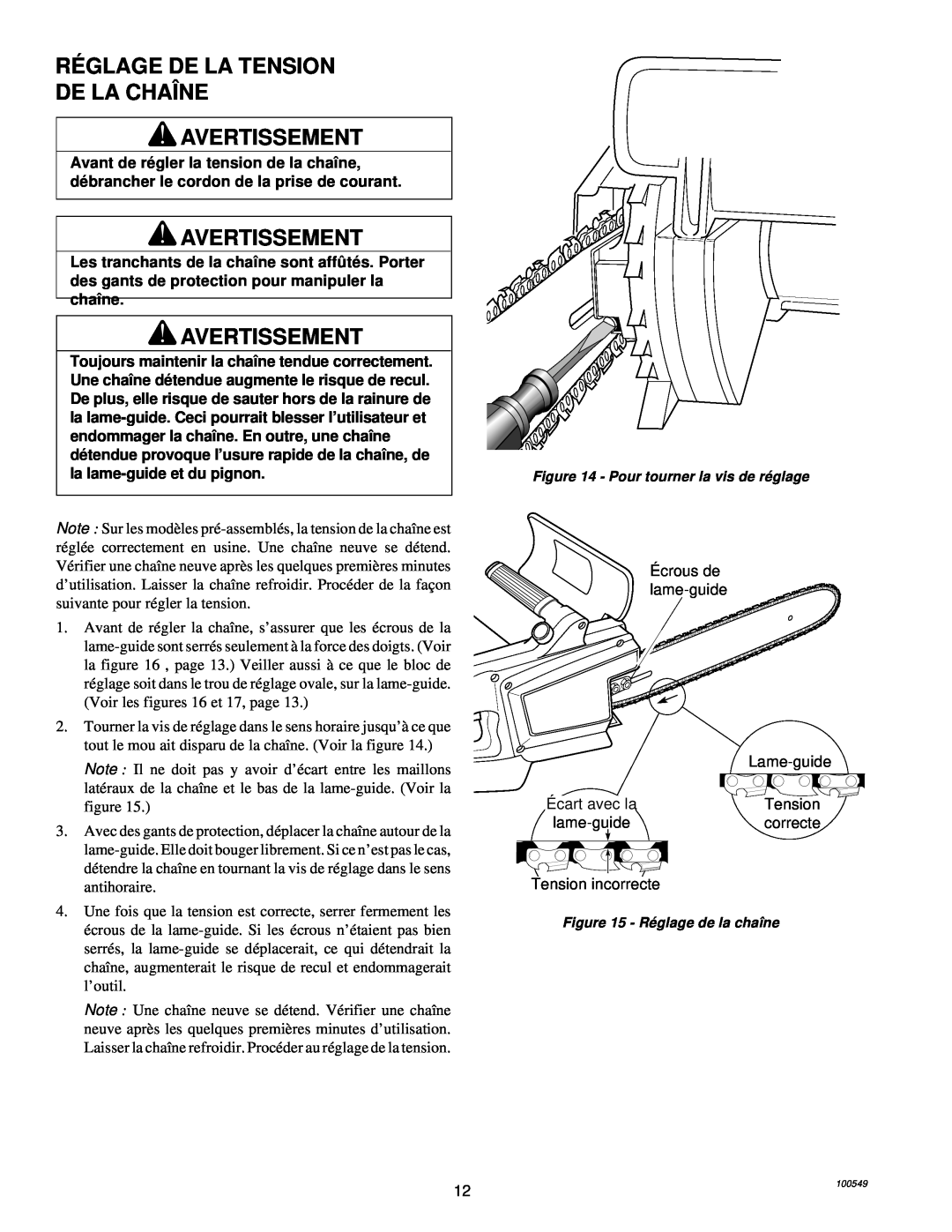 MasterCraft 100524-01, CS-120CB owner manual Ré Glage De La Tension De La Chaîne Avertissement 