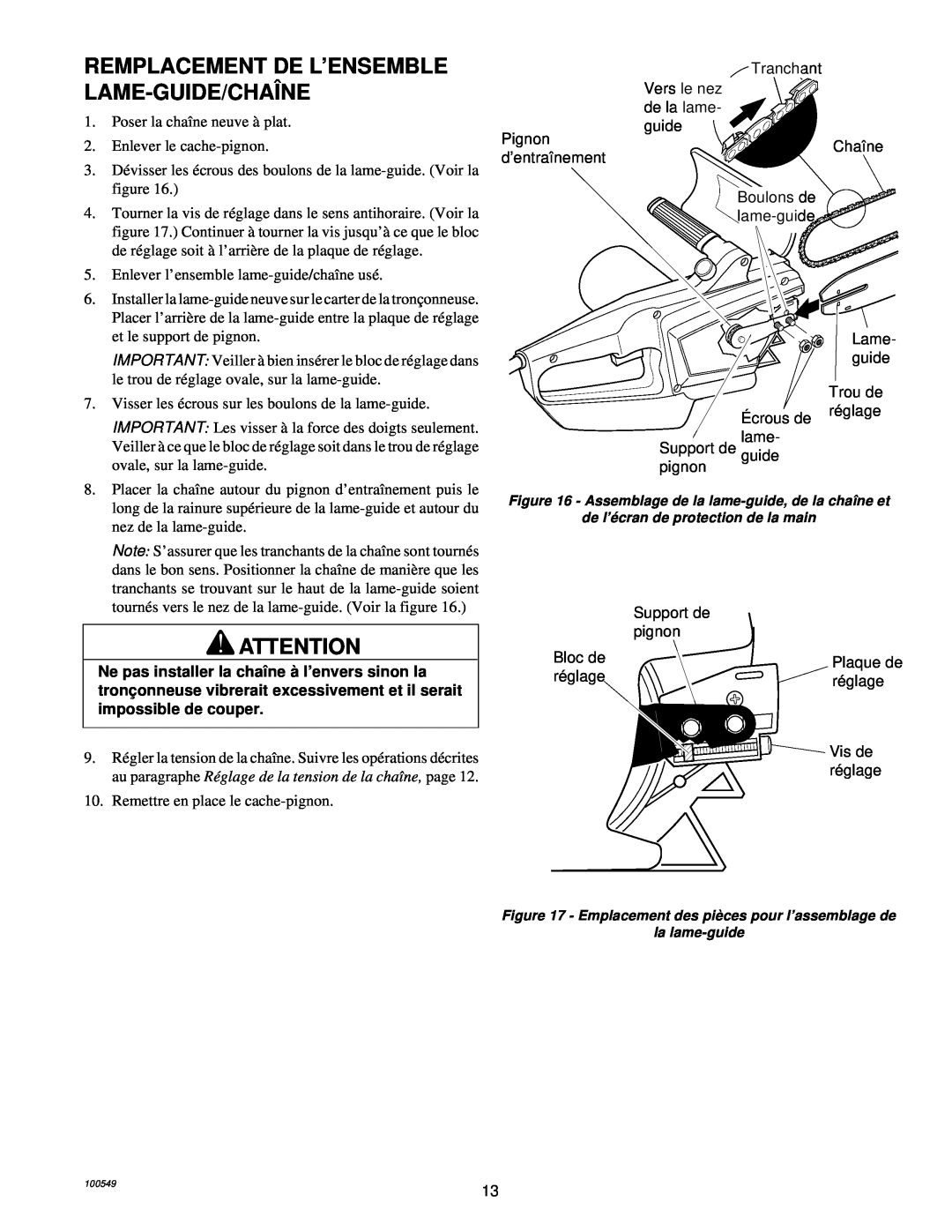 MasterCraft 100524-01, CS-120CB owner manual Remplacement De L’Ensemble Lame-Guide/Chaîne 