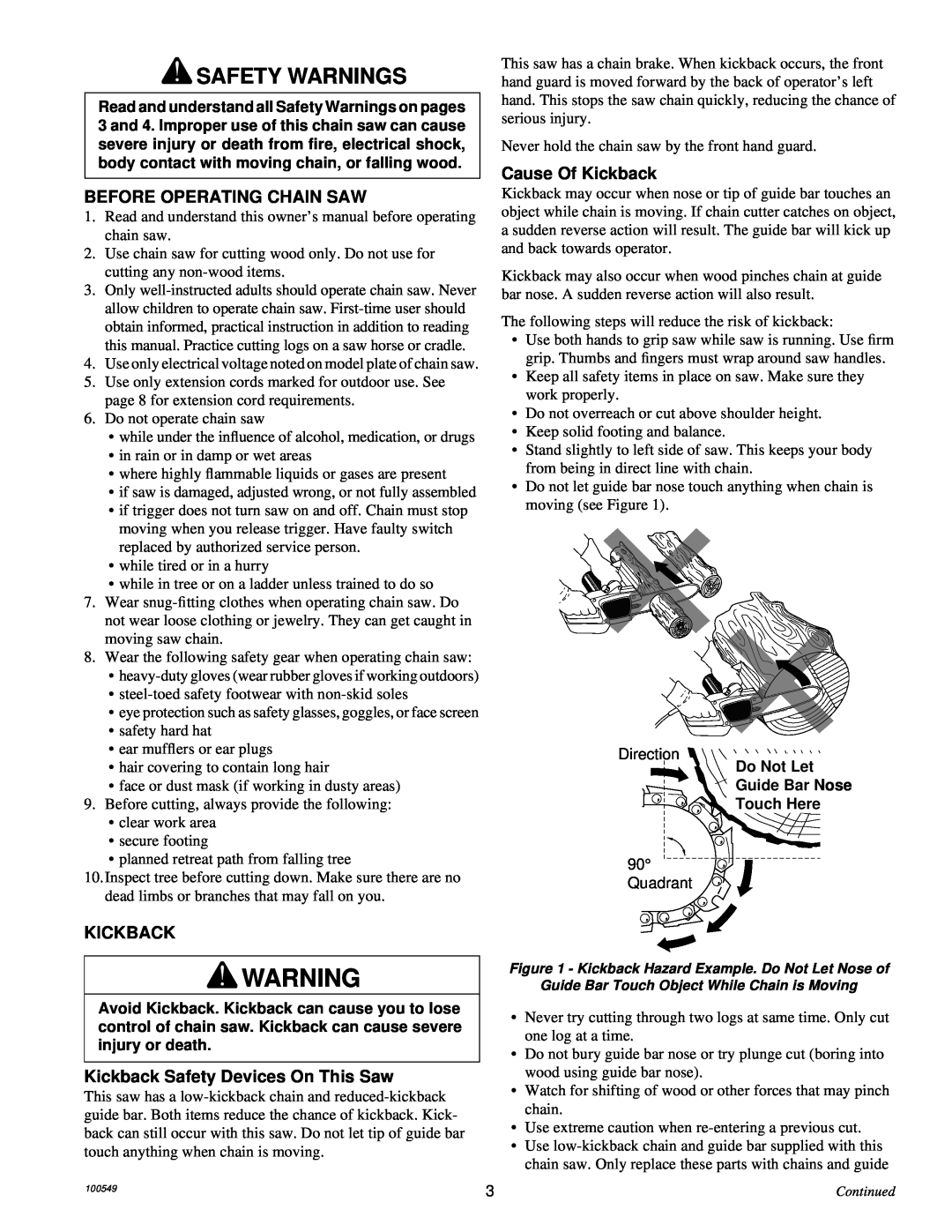 MasterCraft 100524-01, CS-120CB owner manual Safety Warnings, Before Operating Chain Saw, Cause Of Kickback 