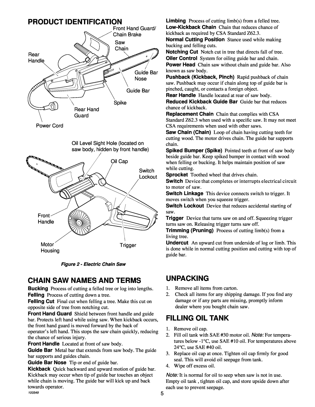 MasterCraft 100524-01, CS-120CB owner manual Product Identification, Chain Saw Names And Terms, Unpacking, Filling Oil Tank 