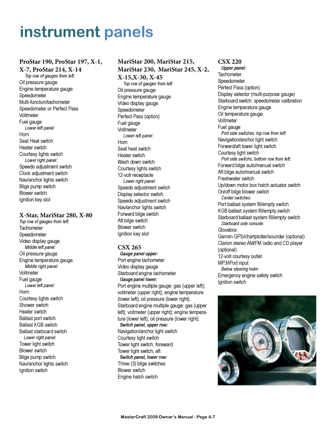 MasterCraft 2009 MariStar X-Series owner manual Instrument panels 