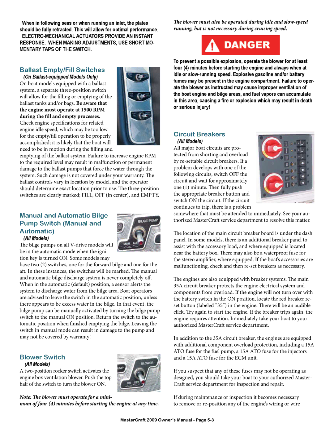 MasterCraft 2009 MariStar X-Series Ballast Empty/Fill Switches, Manual and Automatic Bilge Pump Switch Manual, All Models 