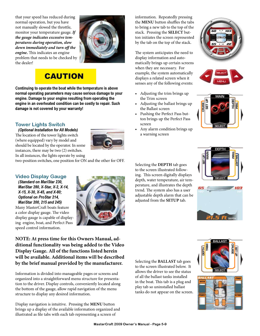 MasterCraft 2009 MariStar X-Series owner manual Tower Lights Switch, Video Display Gauge 