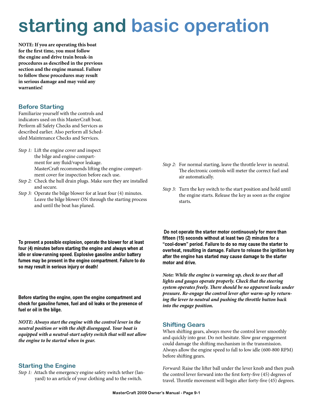 MasterCraft 2009 MariStar X-Series owner manual Before Starting, Starting the Engine, Shifting Gears 