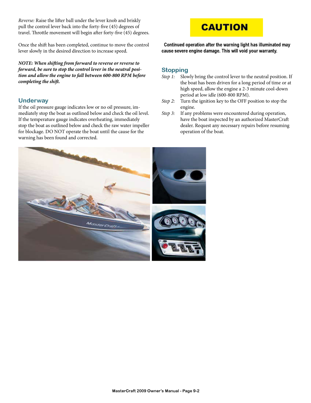 MasterCraft 2009 MariStar X-Series owner manual Underway, Stopping 