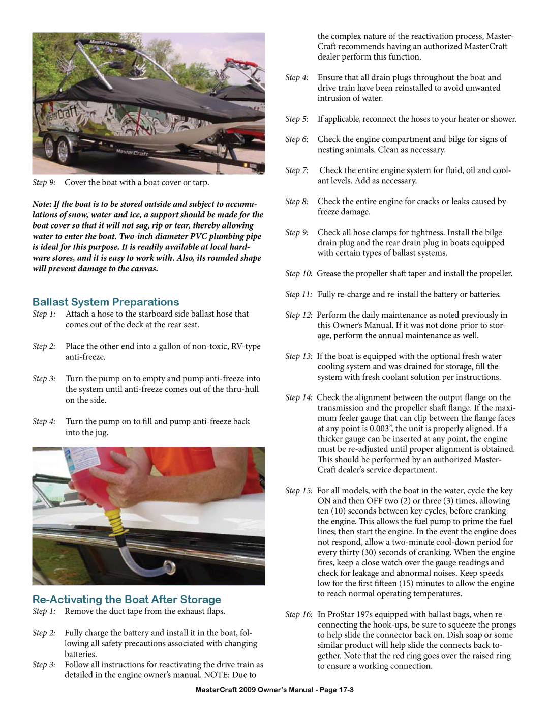 MasterCraft 2009 MariStar X-Series owner manual Ballast System Preparations, Re-Activating the Boat After Storage 