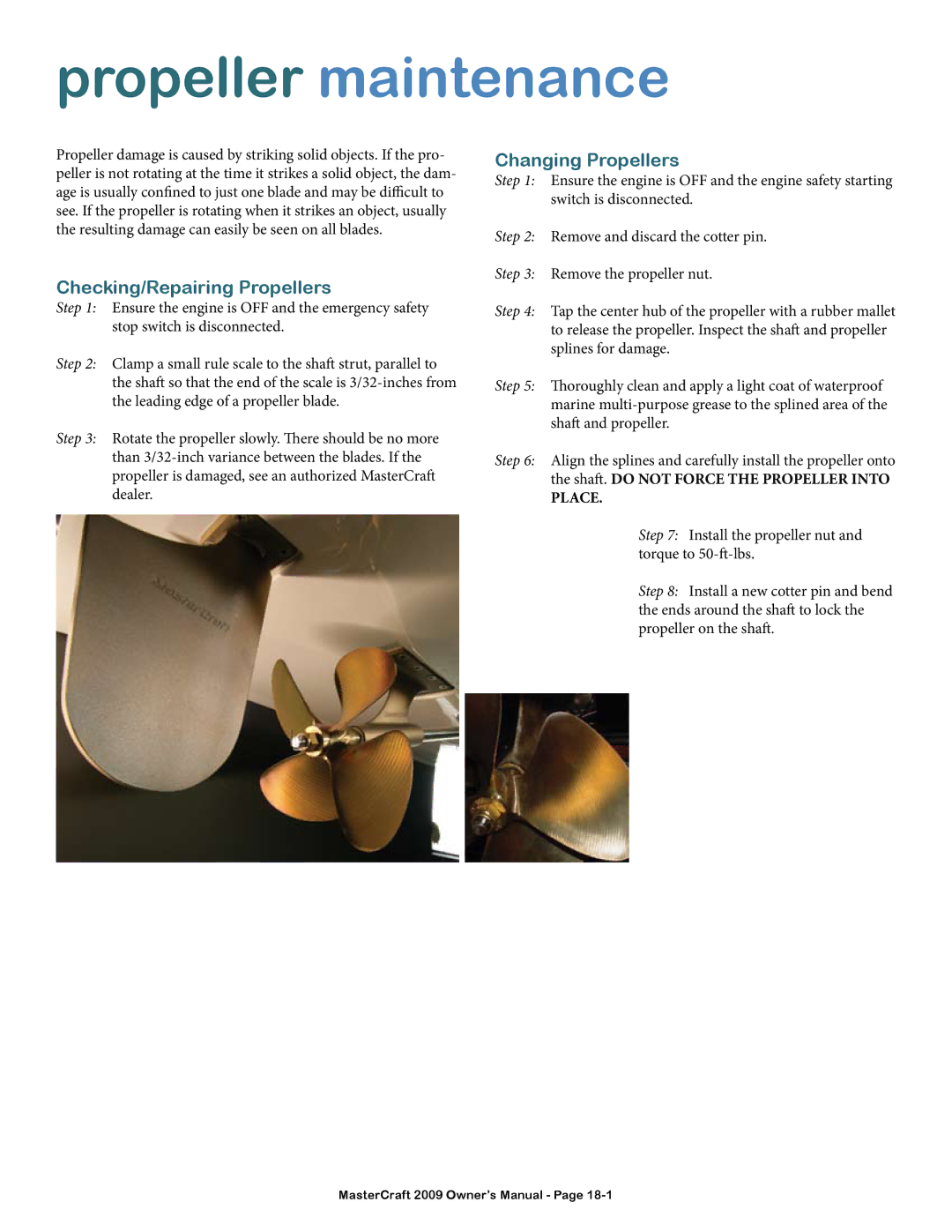 MasterCraft 2009 MariStar X-Series owner manual Checking/Repairing Propellers, Changing Propellers 