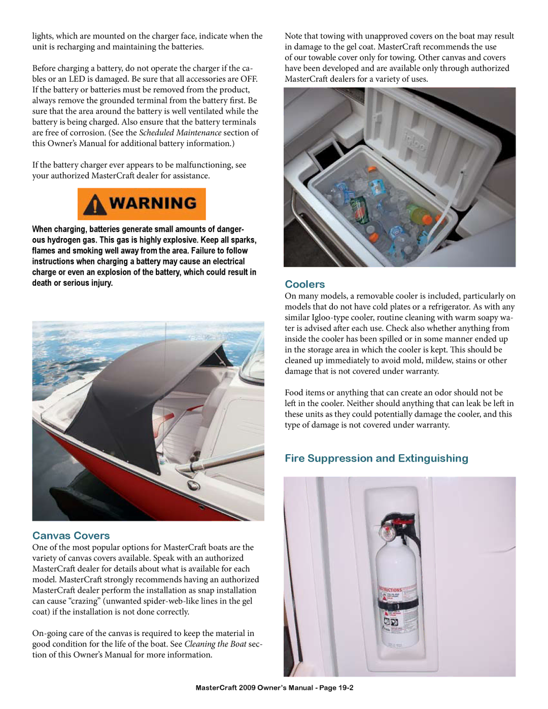 MasterCraft 2009 MariStar X-Series owner manual Coolers, Fire Suppression and Extinguishing 