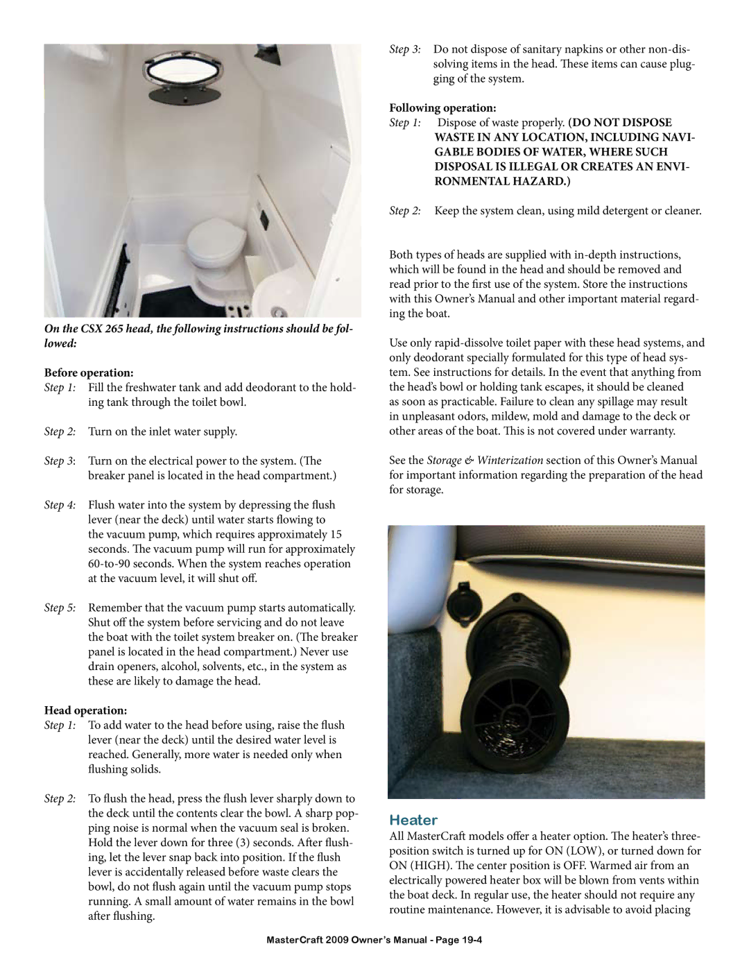 MasterCraft 2009 MariStar X-Series owner manual Heater, Before operation 