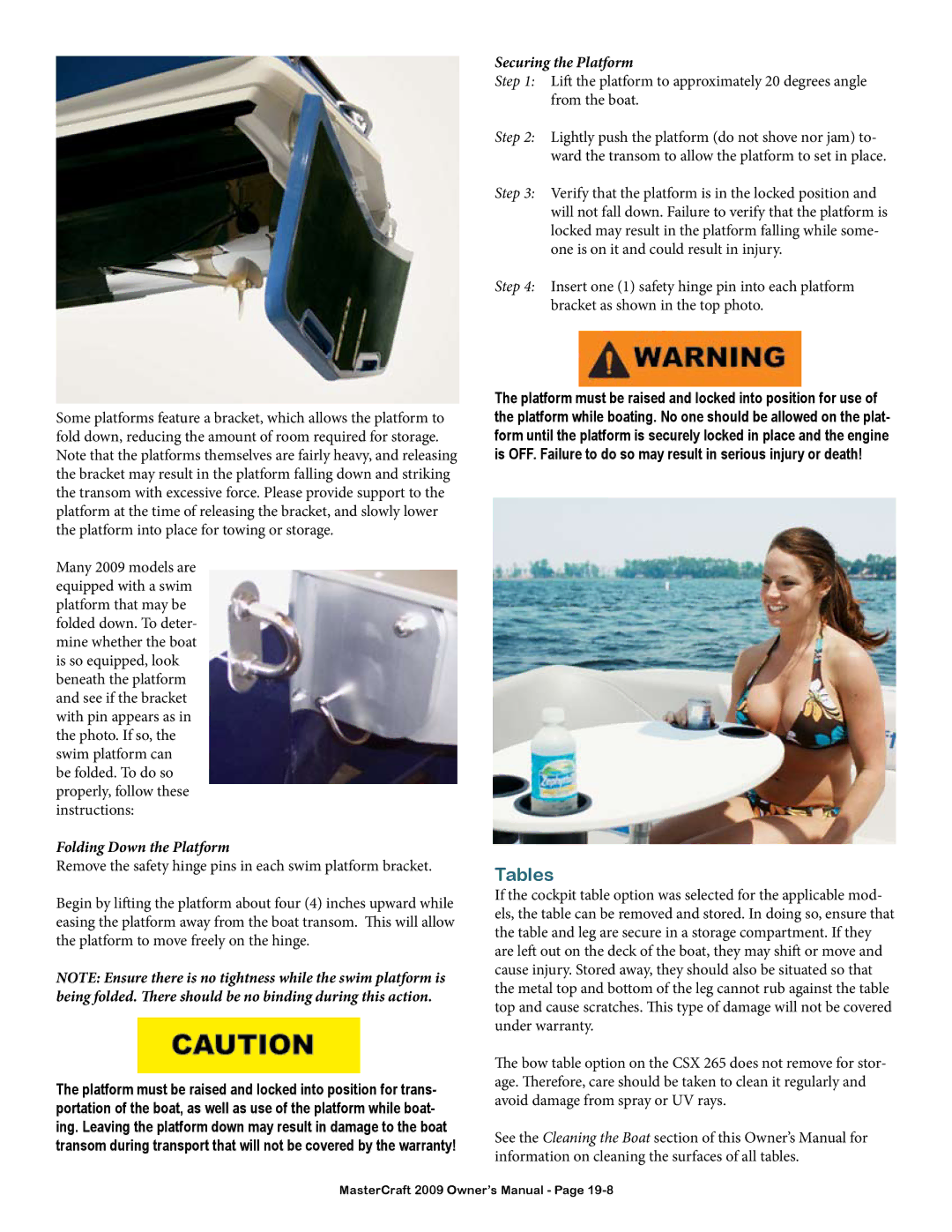 MasterCraft 2009 MariStar X-Series owner manual Tables, Folding Down the Platform 