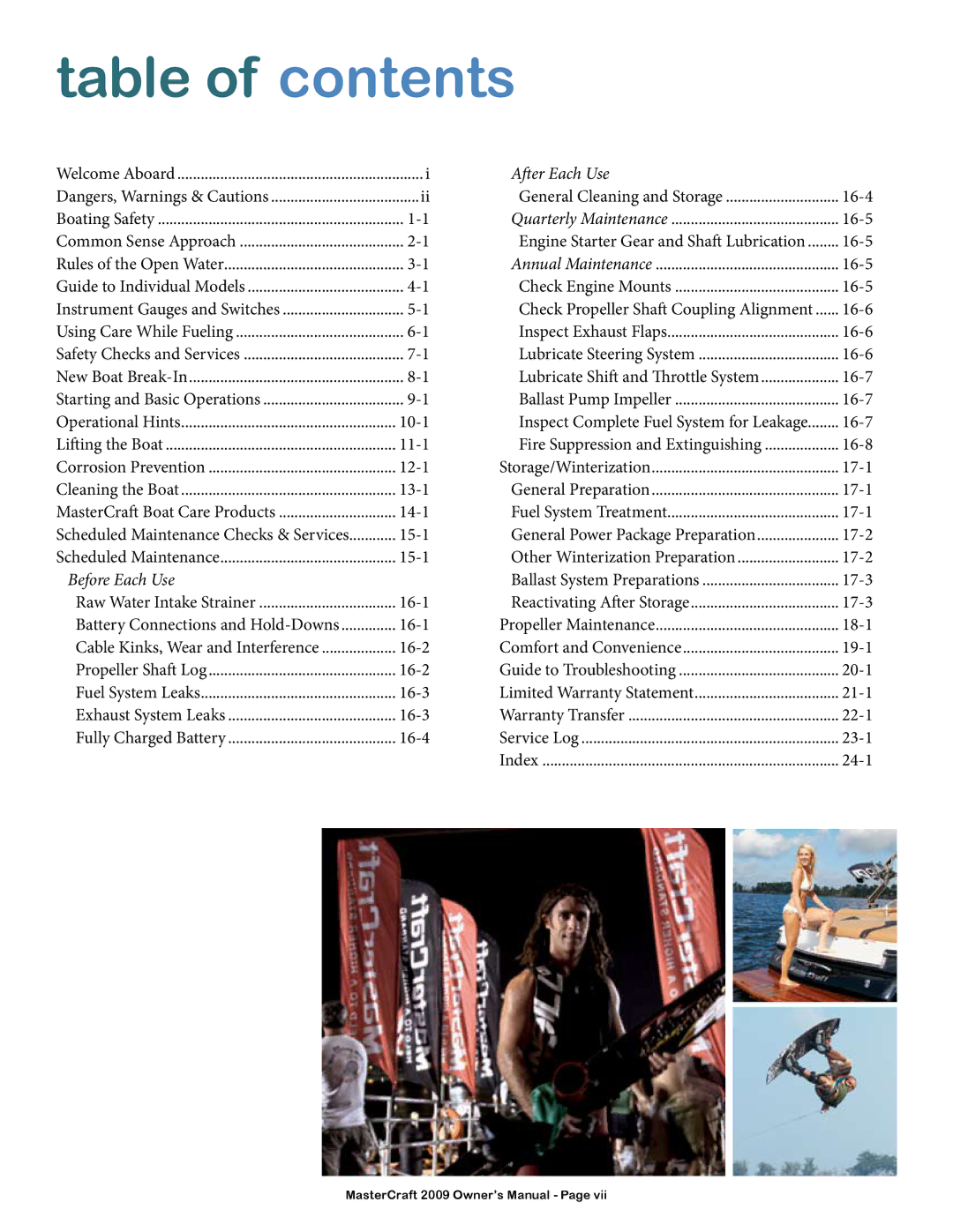 MasterCraft 2009 MariStar X-Series owner manual Table of contents 