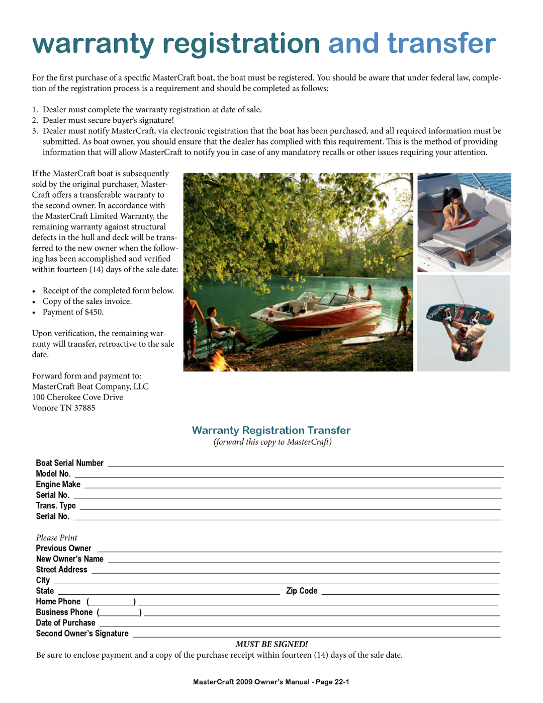 MasterCraft 2009 MariStar X-Series owner manual Warranty registration and transfer, Warranty Registration Transfer 