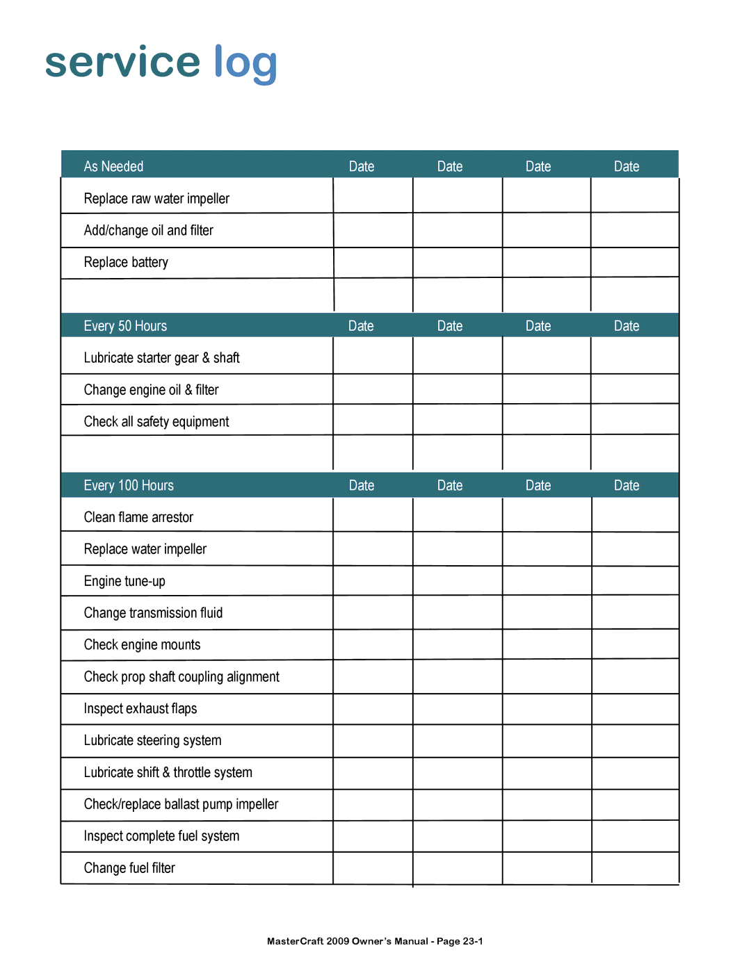 MasterCraft 2009 MariStar X-Series owner manual Service log, Every 100 Hours Date 