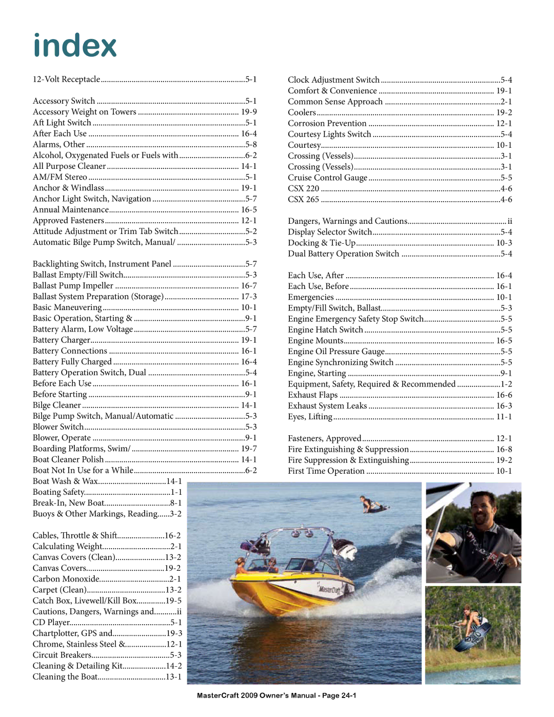 MasterCraft 2009 MariStar X-Series owner manual Index, 12-1 