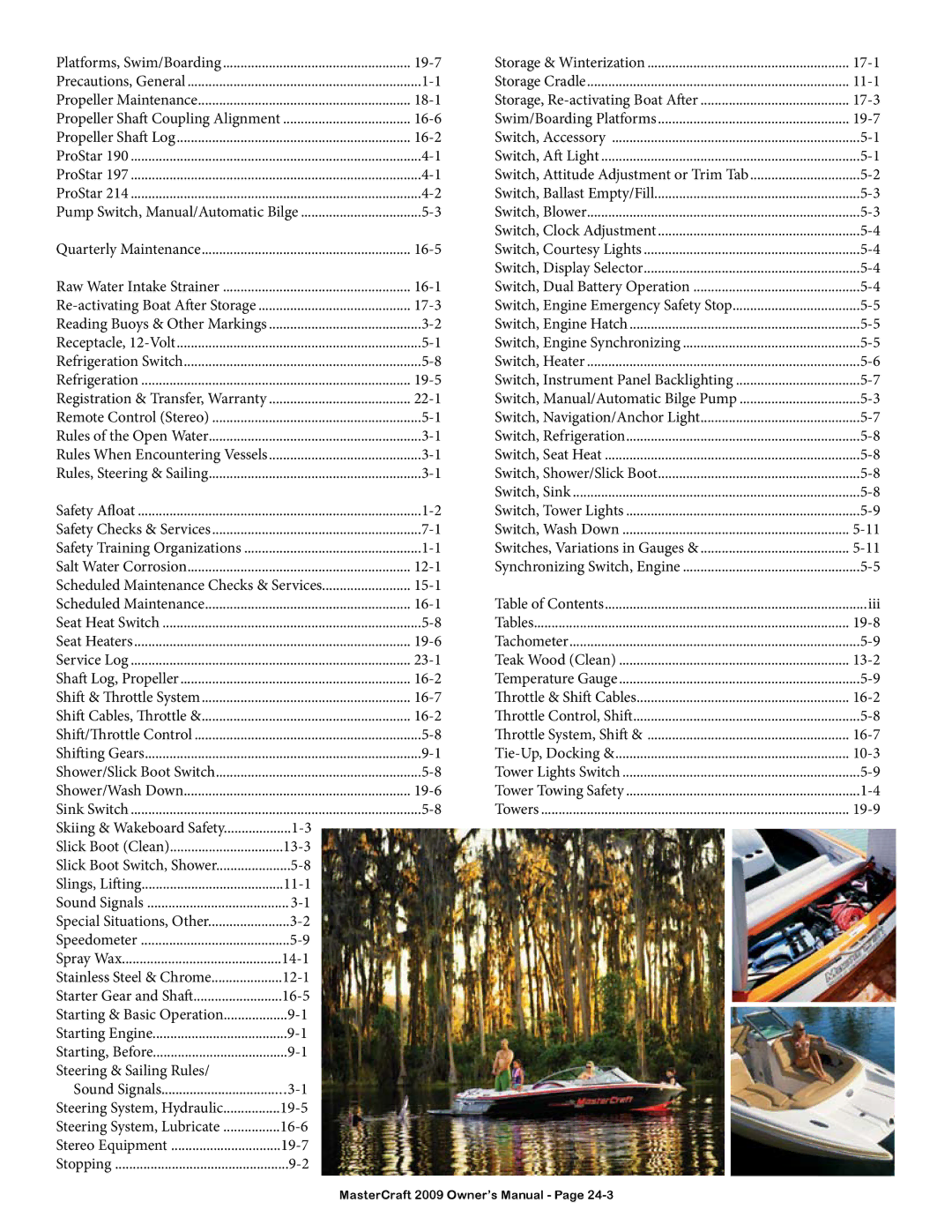 MasterCraft 2009 MariStar X-Series owner manual Platforms, Swim/Boarding 19-7 Storage & Winterization 17-1 