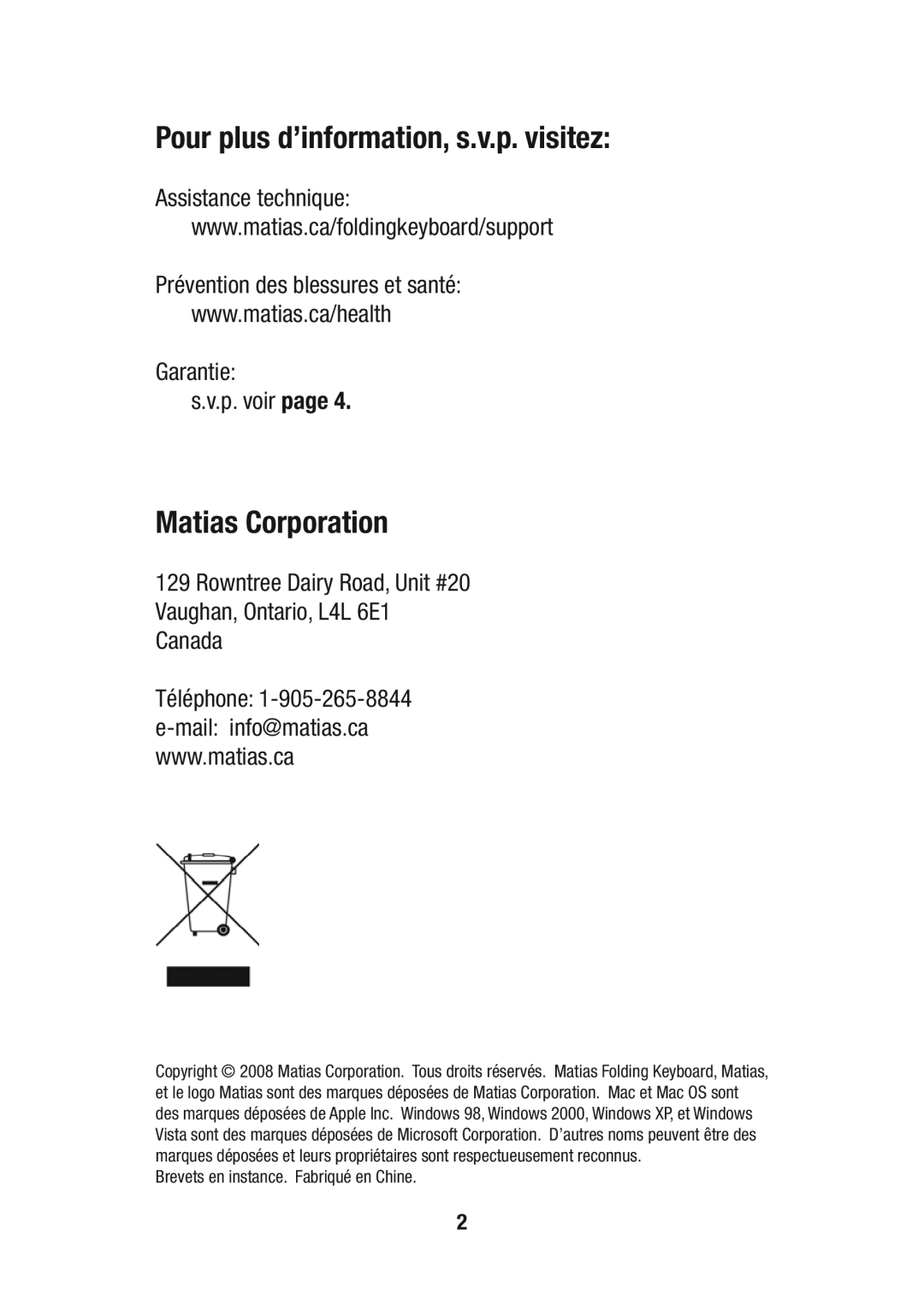 Matias FK205 manual Pour plus d’information, s.v.p. visitez, Matias Corporation 