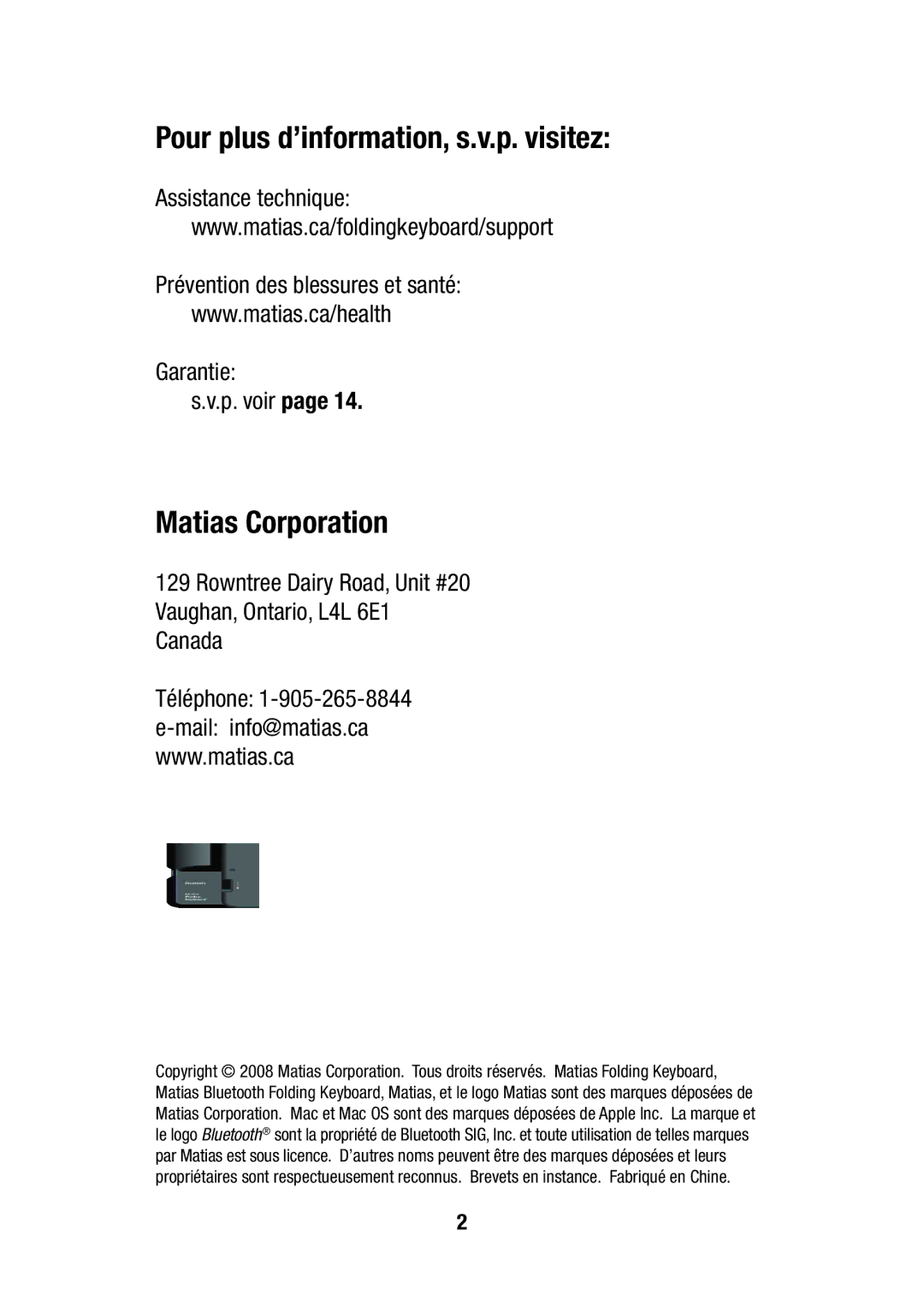 Matias FK304 manual Pour plus d’information, s.v.p. visitez, Matias Corporation 